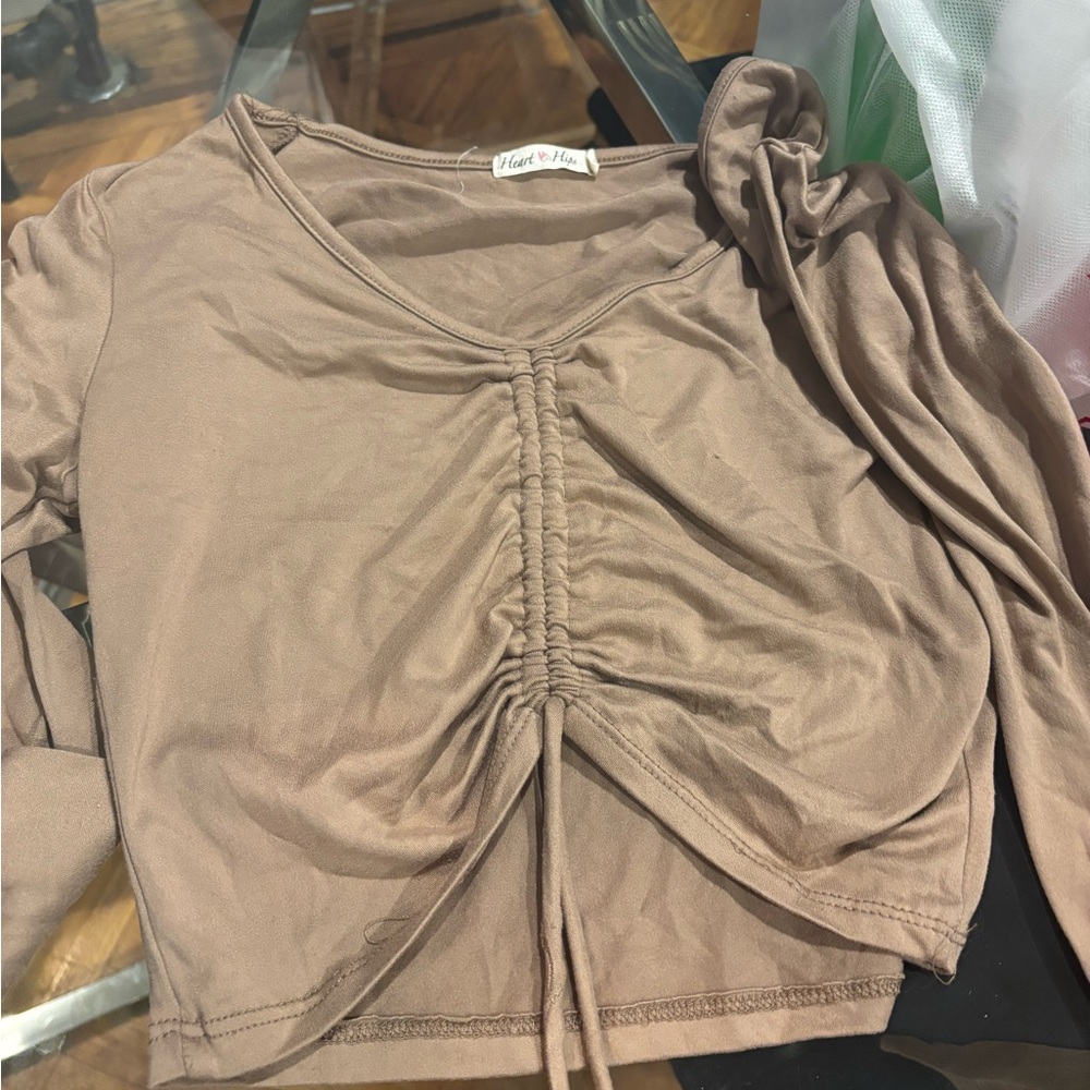 Heart Hips Brown Ruched Tie Front Blouse